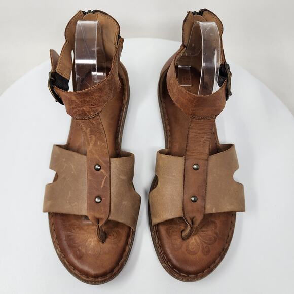 Born Timina T-strap Gladiator sandals Women 10 Tan & Natural Leather Heel Zip - Picture 3 of 13